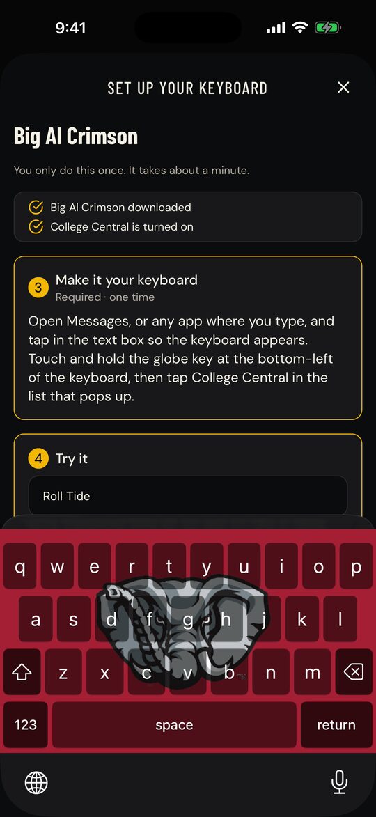Typing Roll Tide on the Big Al Crimson keyboard