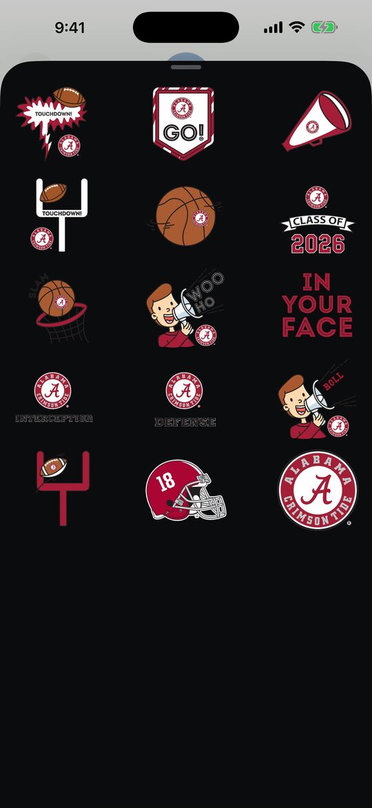 Fifteen Alabama stickers in the College Central panel in Messages