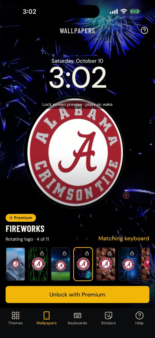 The Fireworks live wallpaper for Alabama, previewed on a Lock Screen