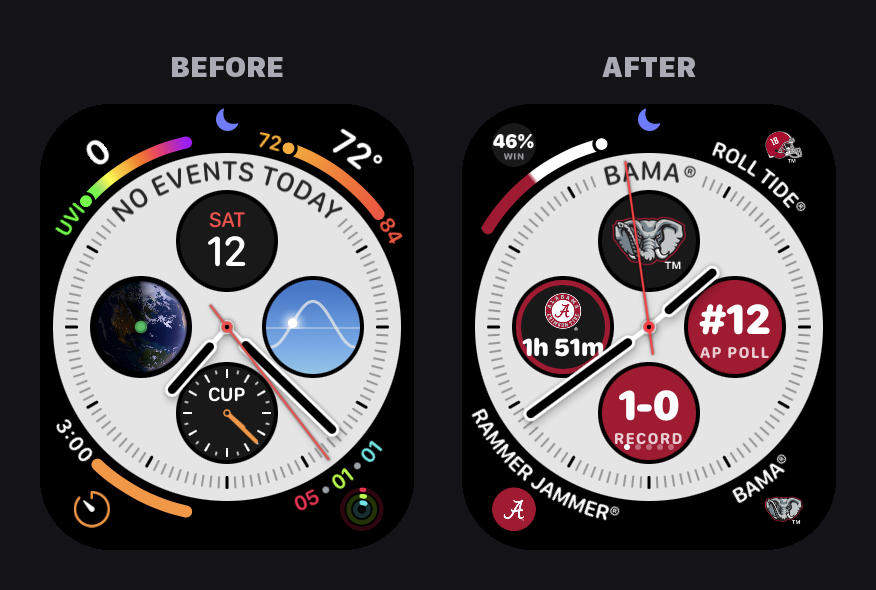 Apple's Infograph face before and after Alabama complications
