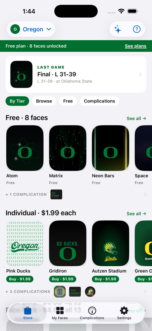 The CollegeWatch store showing Oregon faces