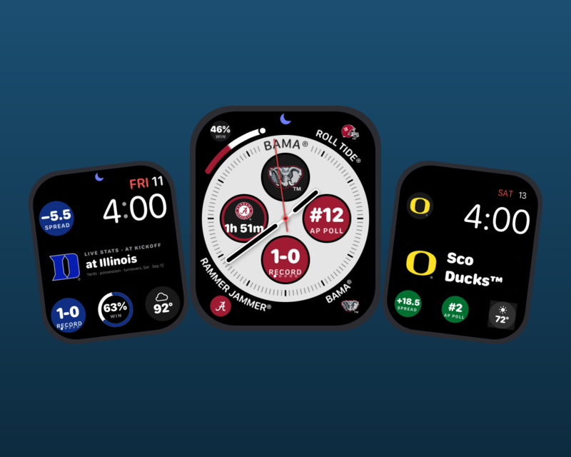CollegeWatch on Apple Watch — Alabama branded digital face and analog face with crest complication